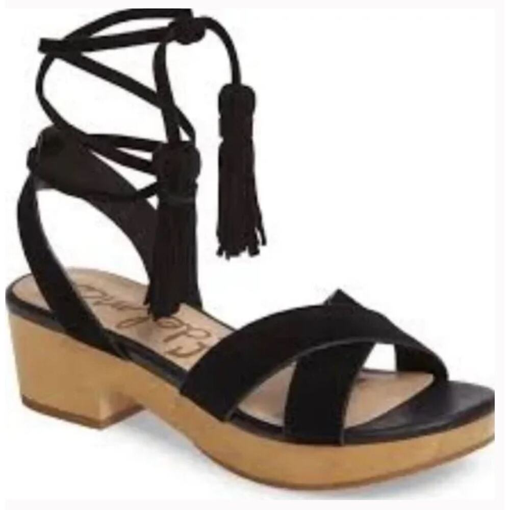 SAM EDELMAN Jenna Ankle Wrap Wooden Clog‎ Sandals Retro Lace Up Black Sz 7